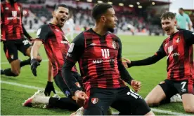  ??  ?? Arnaut Danjuma celebrates after giving his side a narrow lead before Saturday’s second leg. Photograph: Robin Jones/AFC Bournemout­h/Getty Images