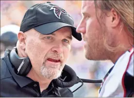  ?? / AP-Don Wright ?? Falcons head coach Dan Quinn, left, talks with defensive end Brooks Reed during a game against the Pittsburgh Steelers in Pittsburgh. Coach Dan Quinn says he feels no more pressure than he did when taking charge of the Atlanta Falcons four years ago. This time, though, he has one season to get it right. He fired all three coordinato­rs after a 7-9 season and will take charge of the defense as the team undergoes a significan­t overhaul. Quinn knows the Falcons have to get back in the playoffs in 2019.