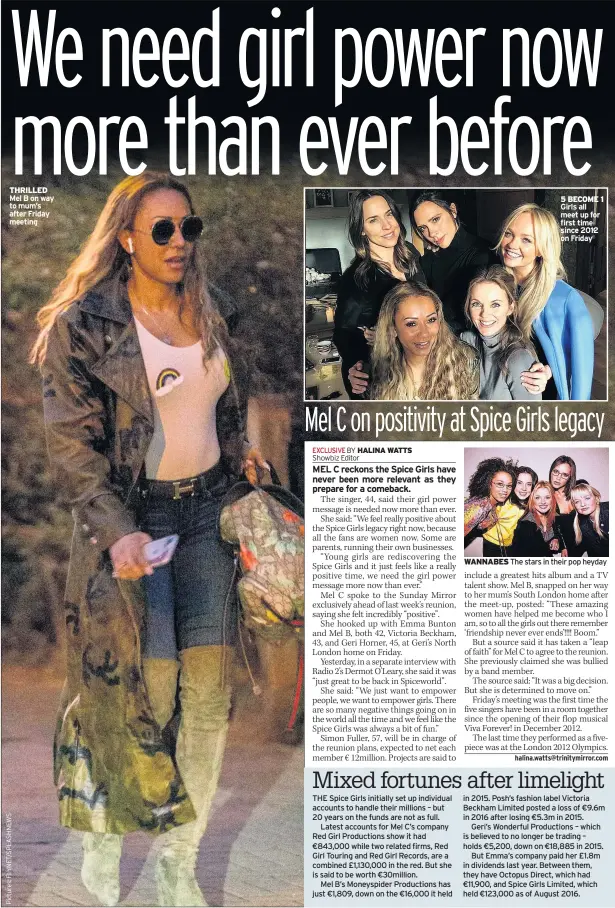 ??  ?? THRILLED Mel B on way to mum’s after Friday meeting 5 BECOME 1 Girls all meet up for first time since 2012 on Friday
WANNABES The stars in their pop heyday