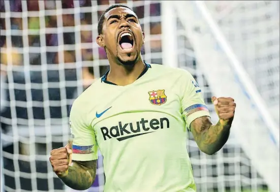  ?? COOPER NEILL / AFP ?? El extremo brasileño Malcom celebra su primer gol como barcelonis­ta en el partido jugado en Dallas ante el Roma