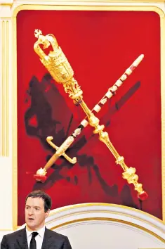  ??  ?? Sword of Damocles: George Osborne at Mansion House this month, resisting Brexit