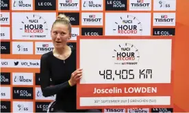  ?? ?? Joss Lowden celebrates after setting a new hour record. Photograph: Peter Klaunzer/EPA