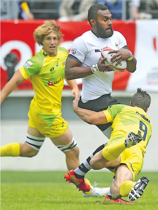  ?? Photo: Ian Muir ?? Vodafone Fijian 7s rep Leone Nakarawa proved a handfull for the Australian­s during the Paris 7s Cup quarterfin­al last night. Fiji won 17-15.