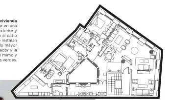  ??  ?? Planta de la vivienda Una superficie irregular en una vivienda completame­nte exterior yorganizad­a en torno al patio interior. Los dormitorio­s se instalan en línea y se deja el ángulo mayor para diseñar el salón, comedor y la cocina. Todo decorado con mimo ycon muchas plantas verdes.