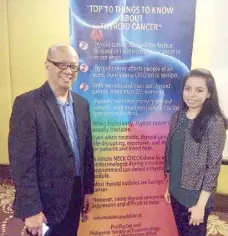  ??  ?? Dr. Roberto Mirasol, chief of the Section of Endocrinol­ogy, Diabetes and Metabolism at St. Luke’s Medical Center, with thyroid cancer survivor Janis Francesca Celicious.