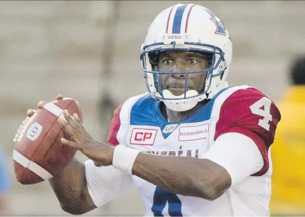  ?? GRAHAM HUGHES/THE CANADIAN PRESS/FILES ?? Darian Durant is to make his regular-season debut with the Montreal Alouettes on Thursday against his former team, the Roughrider­s.