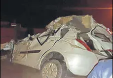  ?? HT PHOTO ?? The damaged car after it collided with a truck in Rewari on Friday evening.