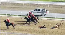  ??  ?? Fallen hero: President Kurbanguly Berdymukha­medov takes a tumble after winning the world’s richest horse race. The image comes from video footage smuggled out of the Central Asian state.