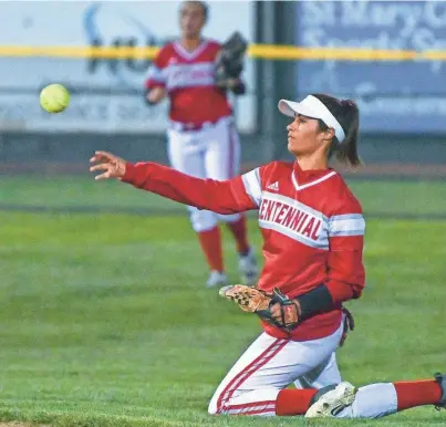  ?? CHIEFTAIN PHOTO/AUSTIN WHITE ?? Pueblo Centennial’s Roxie Rodriguez throws a ball back in a 2022 game against Pueblo Central on DiIorio Field at the Runyon Sports Complex.