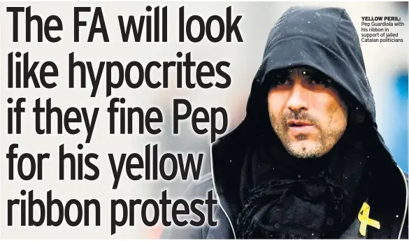  ??  ?? YELLOW PERIL: Pep Guardiola with his ribbon in support of jailed Catalan politician­s