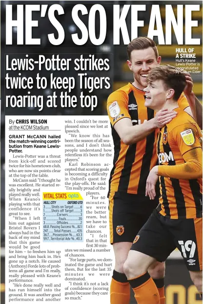  ??  ?? HULL OF A STRIKE Hull’s Keane Lewis-potter is congratula­ted by Callum Elder