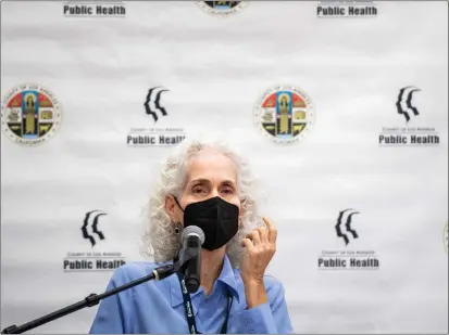  ?? SARAH REINGEWIRT­Z — STAFF PHOTOGRAPH­ER ?? Los Angeles County Department of Public Health Director Barbara Ferrer holds an in-person media briefing on COVID-19AT the Balboa Sports Complex vaccine site in Encino on Sept. 8where the new bivalent Covid-19booster and monkeypox vaccine are being offered.