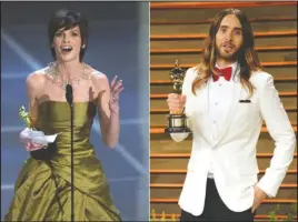  ?? The Associated Press ?? ADVOCATES: In this combinatio­n photo, Hilary Swank accepts the Oscar for best actress for her role in “Boys Don’t Cry” during the 72nd Academy Awards in Los Angeles on March26, 2000, left, and Jared Leto poses with his Oscar for best supporting actor for “Dallas Buyer Club” at the 2014 Vanity Fair Oscar Party in West Hollywood, Calif., on March 2,2014. Swank and Leto portrayed transgende­r characters.