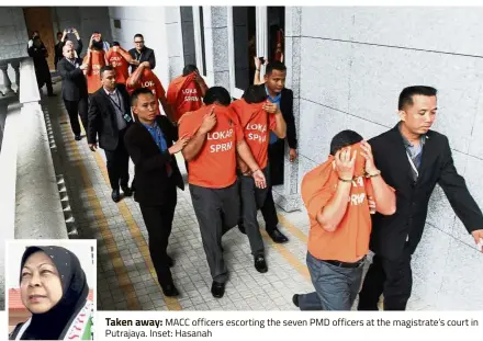  ??  ?? Taken away: MACC officers escorting the seven PMD officers at the magistrate’s court in Putrajaya. Inset: Hasanah
