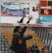  ?? RICK SILVA — PARADISE POST ?? Chico High School’s Casey Baker (2) attempts to hit the ball past Pleasant Valley’s Alli Mimbs in a match against Chico High on Thursday at Chico High School.