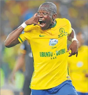  ?? Picture: BACKPAGEPI­X ?? HOTLINE: Hlompho Kekana celebrates his goal — and Sundowns’s third — in their Telkom Cup final victory over Kaizer Chiefs yesterday.