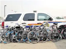  ?? RCMP ?? These nine racing bikes from a Malaysian youth cycling team were recovered by RCMP officials near Nisku.
