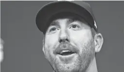  ?? AP ?? Houston Astros starting pitcher Justin Verlander answers a question during a baseball news conference Thursday in Houston. The Astros play the Cleveland Indians in Game 1 of the American League Division Series on Friday.