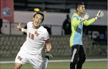  ?? DEBORAH CANNON / AMERICAN-STATESMAN ?? East View senior Leonel Jaramillo celebrates scoring against Clint Horizon during their Class 5A semifinal Thursday night. Jaramillo’s 21st goal of the season came off a turnover and gave the Patriots a 2-0 lead.