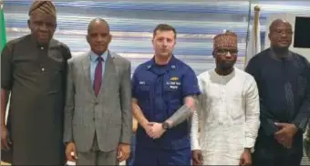  ?? ?? Executive Director, Operations, Nigerian Maritime Administra­tion and Safety Agency, NIMASA, Engr. Fatai Taiye Adeyemi; Director General, NIMASA, Dr. Bashir Jamoh, OFR; United States Coast Guard (USCG) Advisor, Lt. Benjamin Montz; Executive Director, Maritime Labour and Cabotage Services, NIMASA, Jibril Abba and Head, Maritime Safety and Seafarers Standards, NIMASA, Olaniyan Taiwo during a courtesy visit by the USCG to the NIMASA headquarte­rs in Lagos