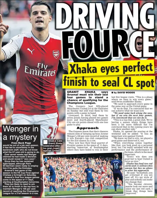  ??  ?? XHAKA CAN: Granit Xhaka celebrates after his goal (inset) against United