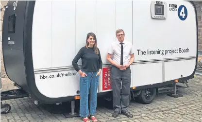  ?? Picture: Nadia Vidinova. ?? The Listening Project producer Victoria McArthur and operator Mark Thompson with the custommade trailer that is being used as a recording studio.