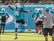  ?? MATIAS J. OCNER / MIAMI HERALD ?? Dolphins abundance of talent in the secondary includes veteran Tony Lippett, shown here making a one-handed catch in training camp.