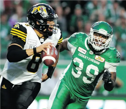  ?? MARK TAYLOR / THE CANADIAN PRESS ?? Saskatchew­an Roughrider­s defensive lineman Charleston Hughes has been the CFL’s most dominant defensive player this season, leading the league with 12 sacks.