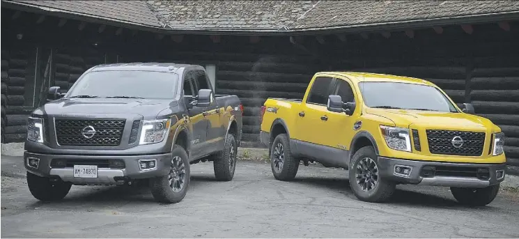  ?? PHOTOS: DEREK MCNAUGHTON ?? A comparison by two Driving writers found that the 2017 Nissan Titan XD, left, gives a choppier ride than the smooth drive of the Titan half-ton truck, right.