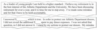  ??  ?? Two excerpts from a draft retirement letter in which ex-UNM athletic director Paul Krebs talks of mistakes.