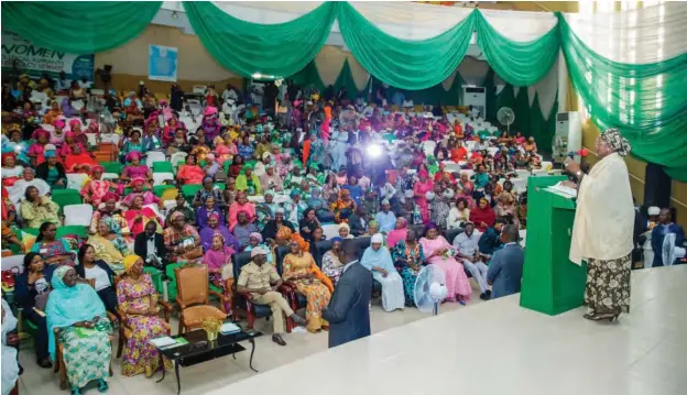  ?? PHOTO: ?? Wife of the President, Aisha Buhari, addressing the Women Political Aspirants and Advocacy Summit in Abuja on August 30 State House