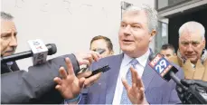  ?? MATT SLOCUM/AP 2019 ?? John “Johnny Doc” Dougherty, Local 98 leader, speaks to the media as he departs the federal courthouse in Philadelph­ia.