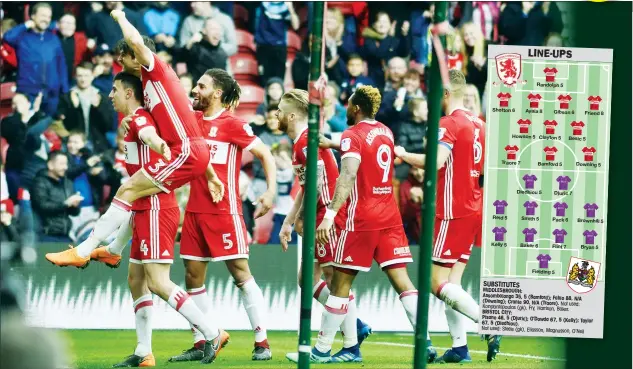  ?? PICTURES: MI News & Sport ?? YOU’VE GOT A FRIEND: Daniel Ayala gets a lift from team-mate George Friend after scoring Middlesbro­ugh’s winner