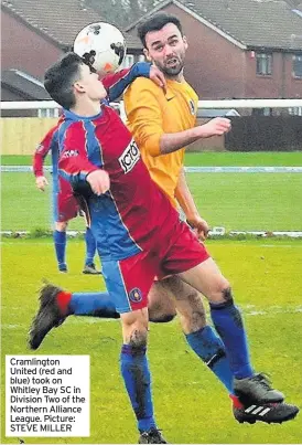  ??  ?? Cramlingto­n United (red and blue) took on Whitley Bay SC in Division Two of the Northern Alliance League. Picture: STEVE MILLER