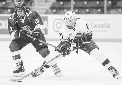  ?? LIAM RICHARDS THE CANADIAN PRESS ?? U.S. forward Hilary Knight, right, is one American player who chose to play in the Canadian Women’s Hockey League this season.