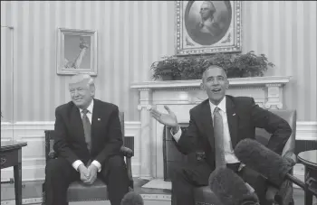  ?? OLIVIER DOULIERY/ABACA PRESS ?? U.S. President Barack Obama meets with President-elect Donald Trump on Nov. 10 in the Oval Office of the White House in Washington, D.C.