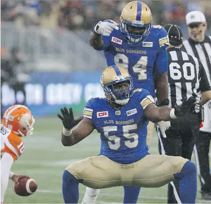  ?? KEVIN KING/FILES ?? Jamaal Westerman celebrates a sack while with the Winnipeg Blue Bombers. The defensive end has signed with the Alouettes.