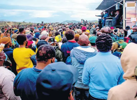  ?? AP ?? In this Sunday July 4 photo, former president Jacob Zuma addresses his supporters at his home in Nkandla, KwaZulu-Natal Province, days before he gave himself up to serve a 15-month prison sentence for contempt of court.