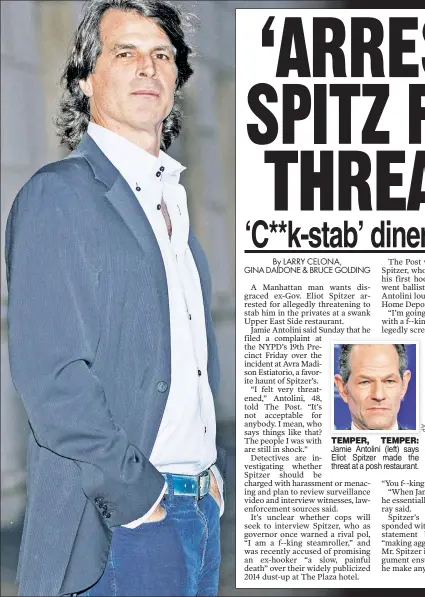  ??  ?? TEMPER, TEMPER: Jamie Antolini (left) says Eliot Spitzer made the threat at a posh restaurant.