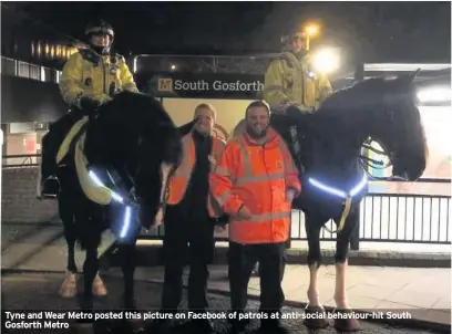  ??  ?? Tyne and Wear Metro posted this picture on Facebook of patrols at anti-social behaviour-hit South Gosforth Metro