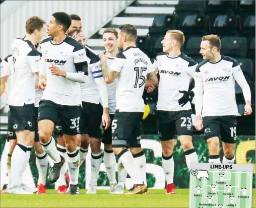  ?? PICTURES: PSI/Aaron Lupton ?? THREE AND EASY: Celebratio­ns as Derby’S Matej Vydra scores his goal