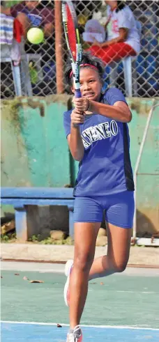  ?? MARK PERANDOS ?? RETURN. Five-time Davraa Meet campaigner Theresa Claire Nacito, a Grade 7 student of the Ateneo de Davao University, hits a return during the secondary girls doubles event of the team competitio­n held at the GSIS Heights Tennis Club courts in Matina,...