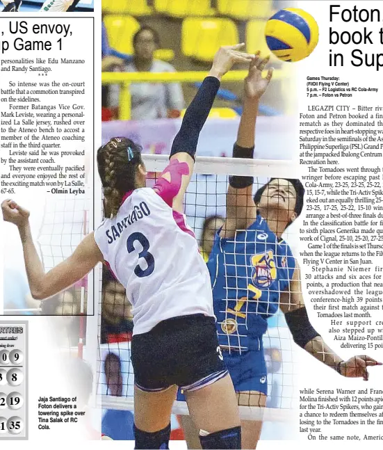  ??  ?? Games Thursday: (FilOil Flying V Center) 5 p.m. – F2 Logistics vs RC Cola-Army 7 p.m. – Foton vs Petron Jaja Santiago of Foton delivers a towering spike over Tina Salak of RC Cola.