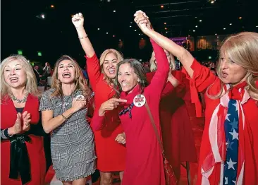  ?? AP ?? Members of the Trumpettes celebrate as incumbent US Senator Ted Cruz, R-texas, is announced as the winner over Democratic challenger Beto O’rourke in a tightly contested race at the Dallas County Republican Party election night watch party yesterday.