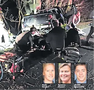  ??  ?? Sadie Stewart Susanna Stewart An injured Russell Stewart shown here outside a cafe after the crash near Dargaville which claimed three lives, including that of his wife Susanna and daughter Sadie. James Wearmouth