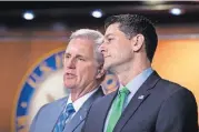  ?? SCOTT APPLEWHITE/THE ASSOCIATED PRESS] [J. ?? House Majority Leader Kevin McCarthy, R-Calif., and Speaker of the House Paul Ryan, R-Wis., confer during a news conference following a closed-door GOP meeting on immigratio­n, Wednesday on Capitol Hill in Washington.