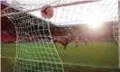  ??  ?? Aaron Ramsdale is powerless to prevent Raúl Jiménez giving Wolves a lead inside three minutes. Photograph: Tom Jenkins/ The Guardian