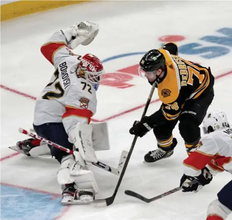  ?? STuART CAHiLL / HeRALd sTAFF ?? NEW ATTITUDE: Bruins left wing Jake DeBrusk fakes out Florida Panthers goaltender Sergei Bobrovsky before scoring at TD Garden on Tuesday night.