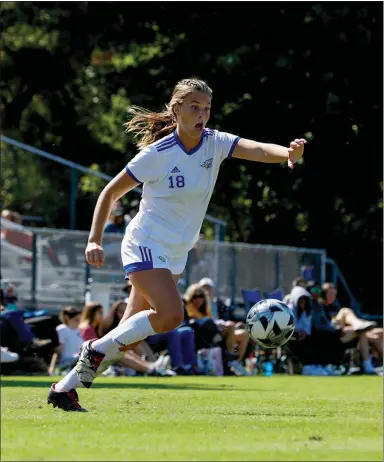  ?? Photo courtesy of JBU Sports Informatio­n ?? John Brown midfielder Ryan Winingham, pictured against Science & Arts on Oct. 8, scored three goals for her first career hat trick in a 5-1 win against Oklahoma City on Oct. 15.