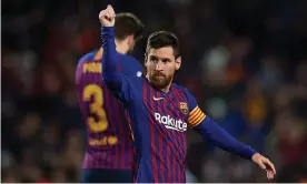  ??  ?? Lionel Messi salutes his 400th La Liga goal for Barcelona in the 3-0 defeat of Eibar. Photograph: Bagu Blanco/BPI/REX/Shuttersto­ck